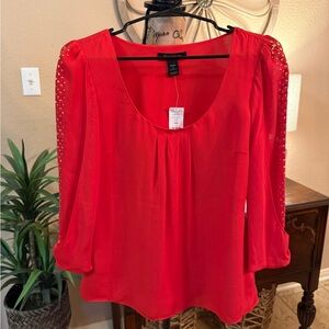 New WHBM Red Silk Women's Bow Sleeve Top with Gold Accents